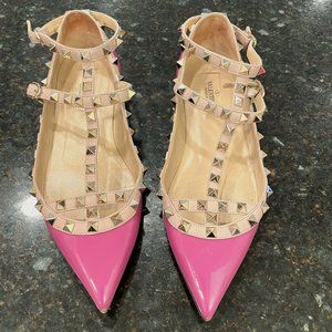 Valentino Patent Pink Caged Rockstud Flats- 37